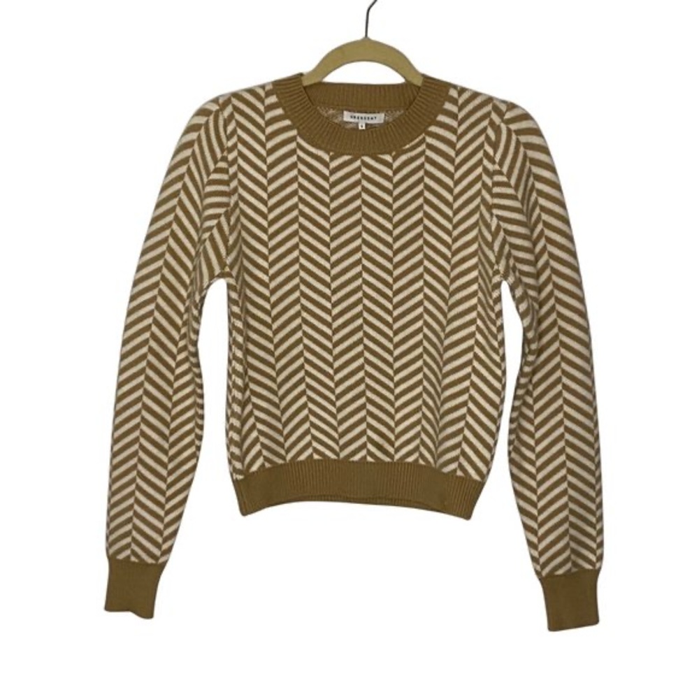Crescent Chevron Tan and White Crew Neck Sweater Classic Timeless Neutral Size S